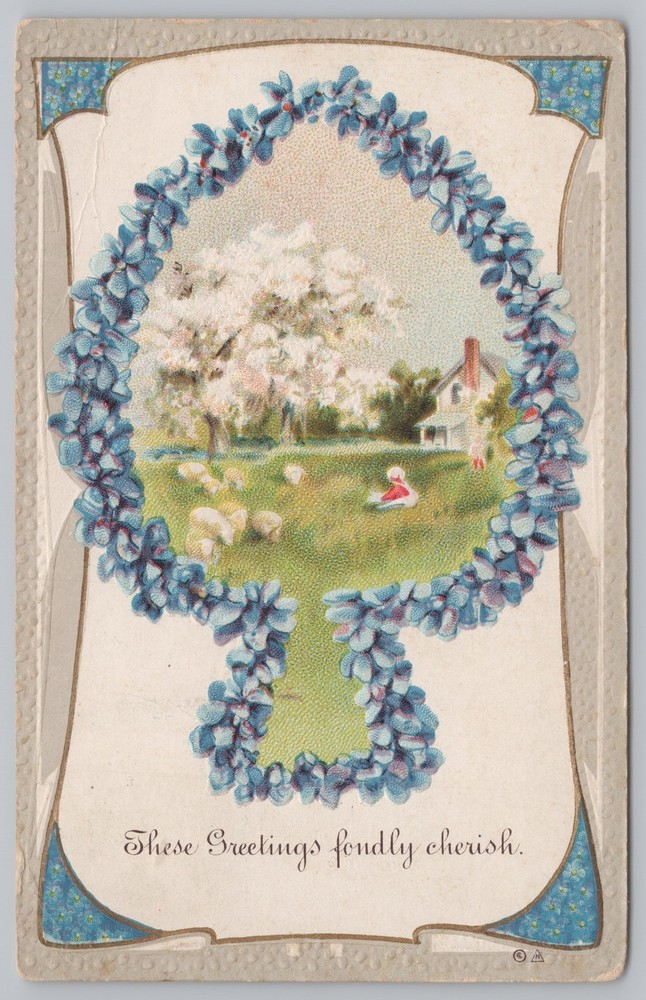 Greetings~Blue Flowers Spade & Sheep~Friendly Greetings~Vintage Postcard