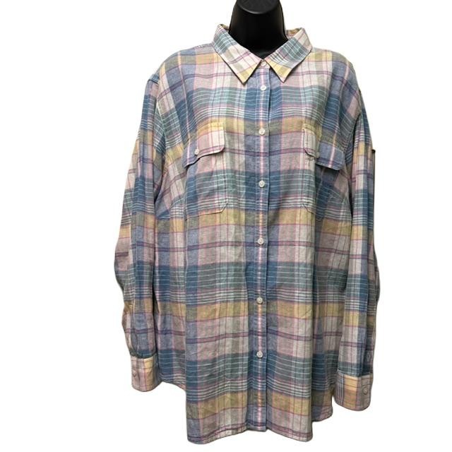 CHAPS Summer Plaid Linen Blend Button Front Shirt Plus Size 3X Madras Pockets
