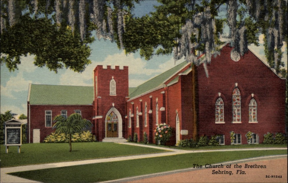 Sebring Florida Church of the Brethren stained glass ~ 1940s linen postcard