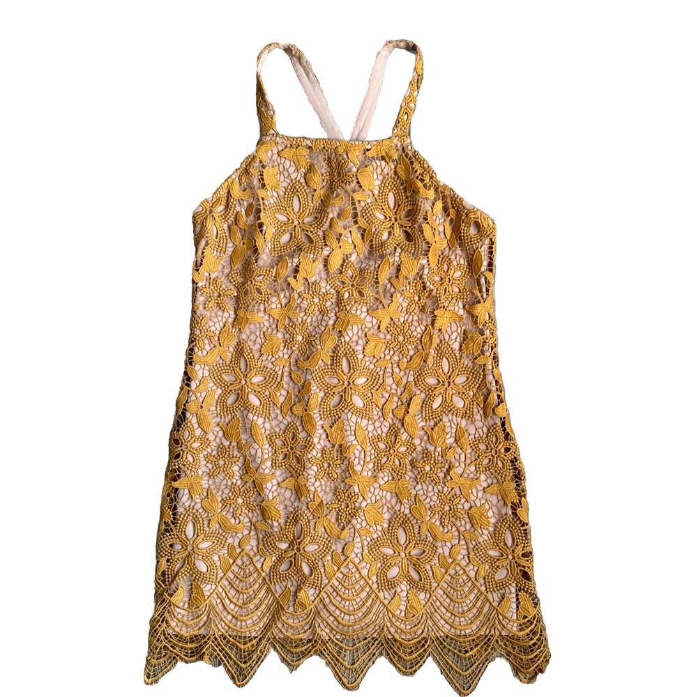 WAYF Dress Womens L Crochet Lace Floral Sleeveless Yellow Flapper Sheer Cottage