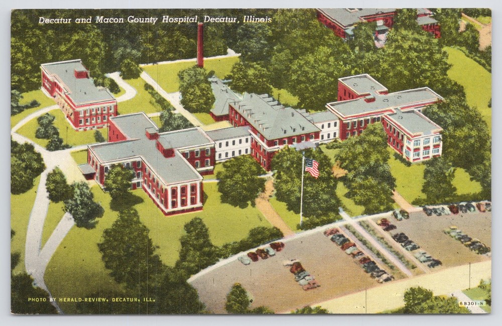 Decatur IL~Aerial View~Decatur & Macon County Hospital Complex~Vintage Linen PC