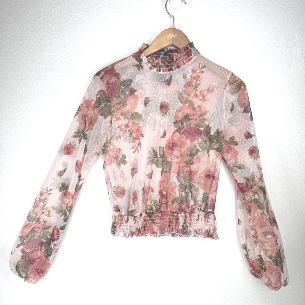 Sheer Mesh Floral Top Women Medium Pink Regency Victorian High Neck Boho Smoced