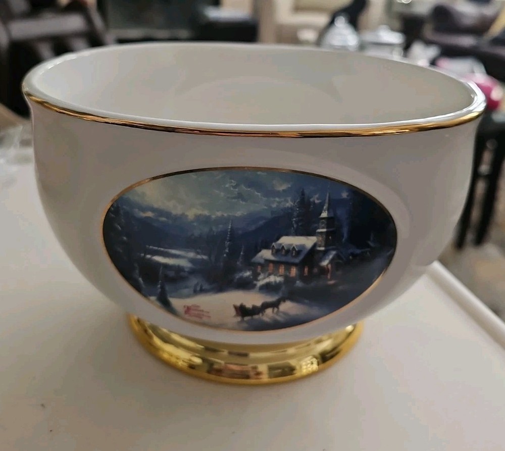 Thomas Kinkade Sunday Evening Sleigh Ride Bowl - Christmas Porcelain Teleflora