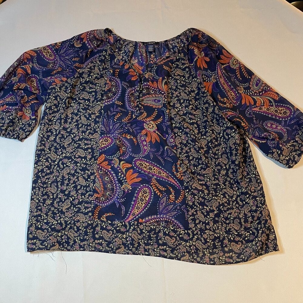 Chaps Blouse Top Womens Size 1X Purple Paisley 3/4 Sleeve V-Neck Lightweight