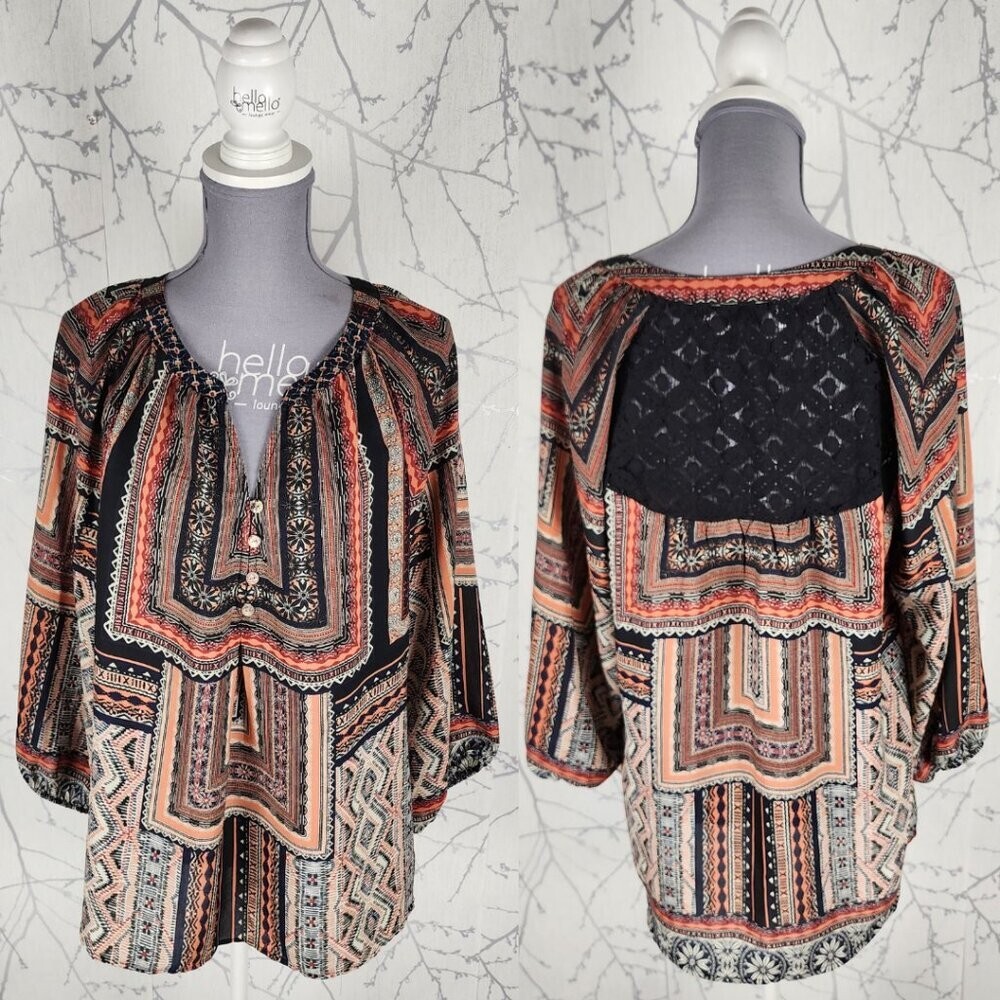 Figueroa Flower Geometric Print Lace Back Peasant Blouse for Women