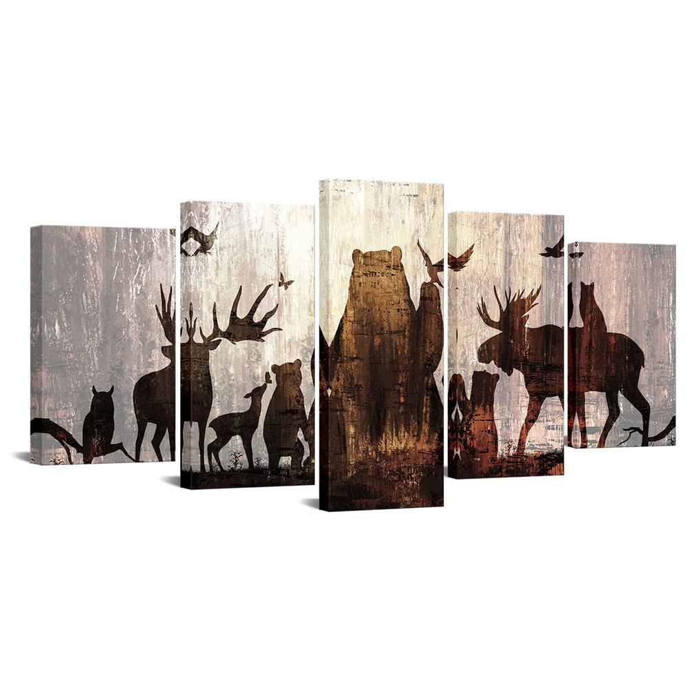 5-Piece Vintage Animal Wall Art Canvas Featuring Abstract Forest Deer and Bear Design-image