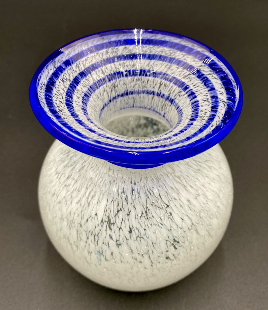 Pier 1 Imports White Spongeware Glass Vase, Cobalt Blue Applied Swirline Neck