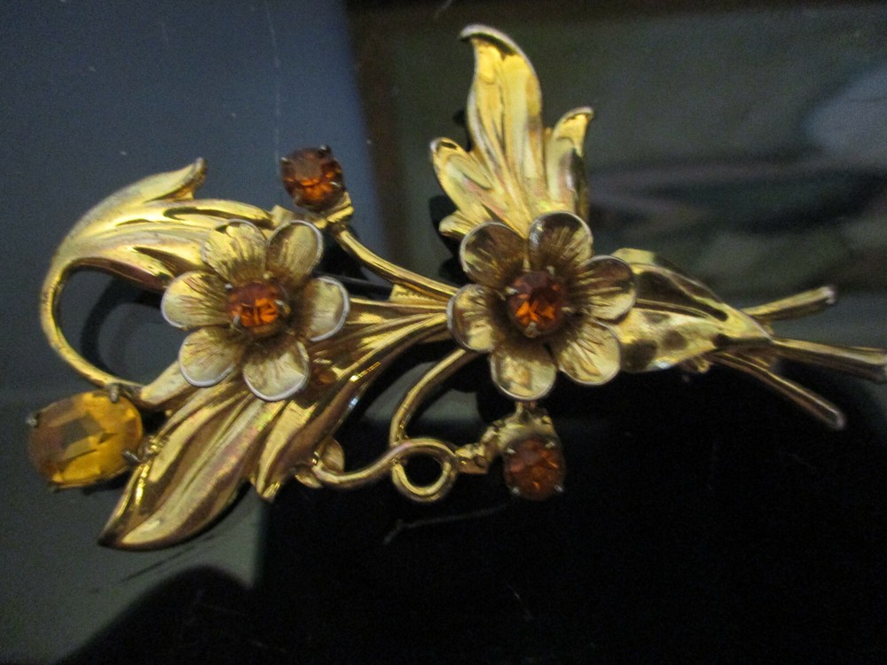 Vintage Art Deco Vermeil on Sterling Silver Rhinestone Large Flower Brooch Pin!