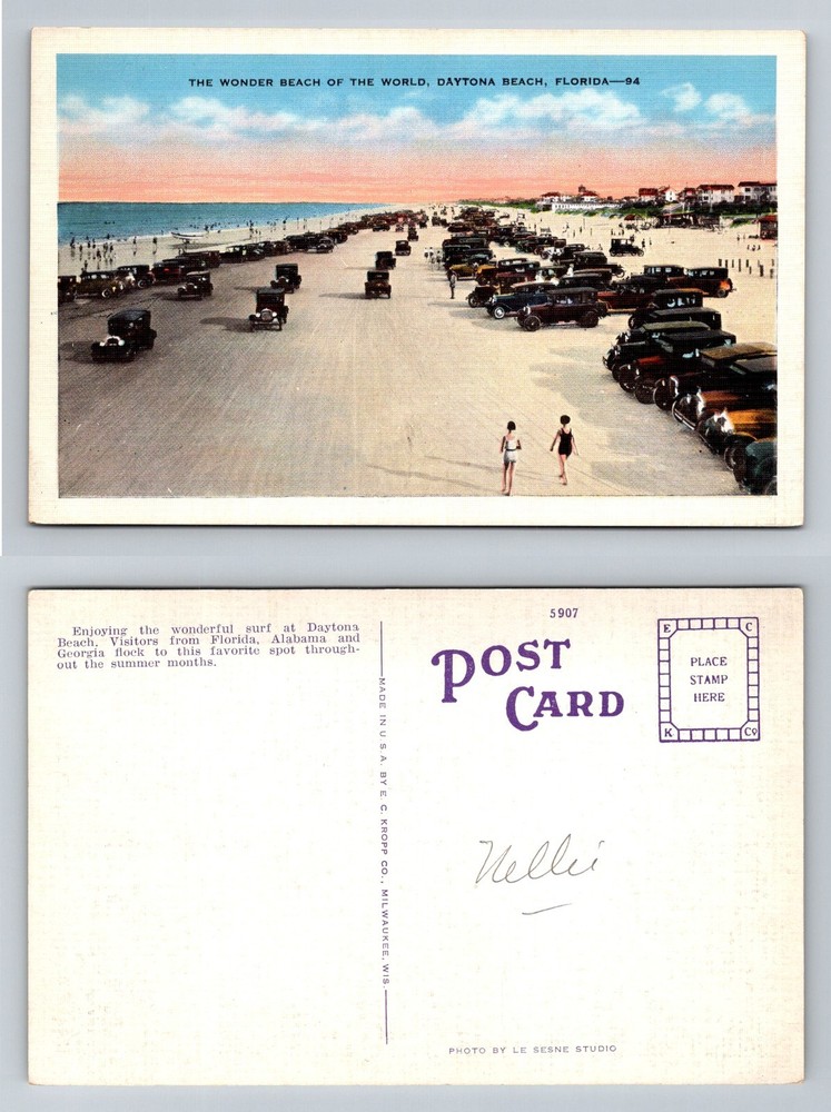 Daytona Beach, FL-Florida, Wonder Beach Cars on Sand Bathers Vintage Postcard
