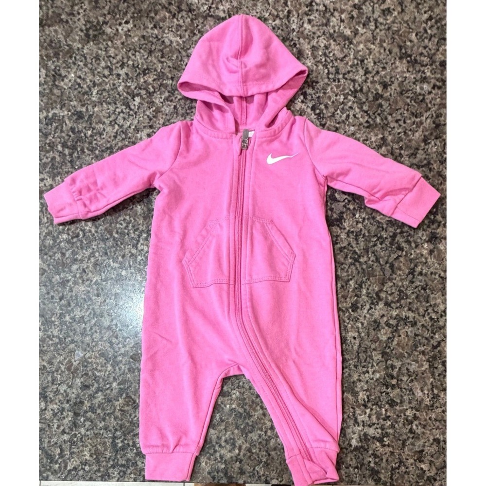 Nike Baby Girl Pink Full Zip Hooded Fleece Romper One Piece 6M 6 Months