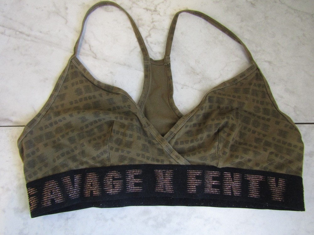 Savage Fenty X Black/Olive Metallic Thread Logo UnPadded Sports Bra Women's XL