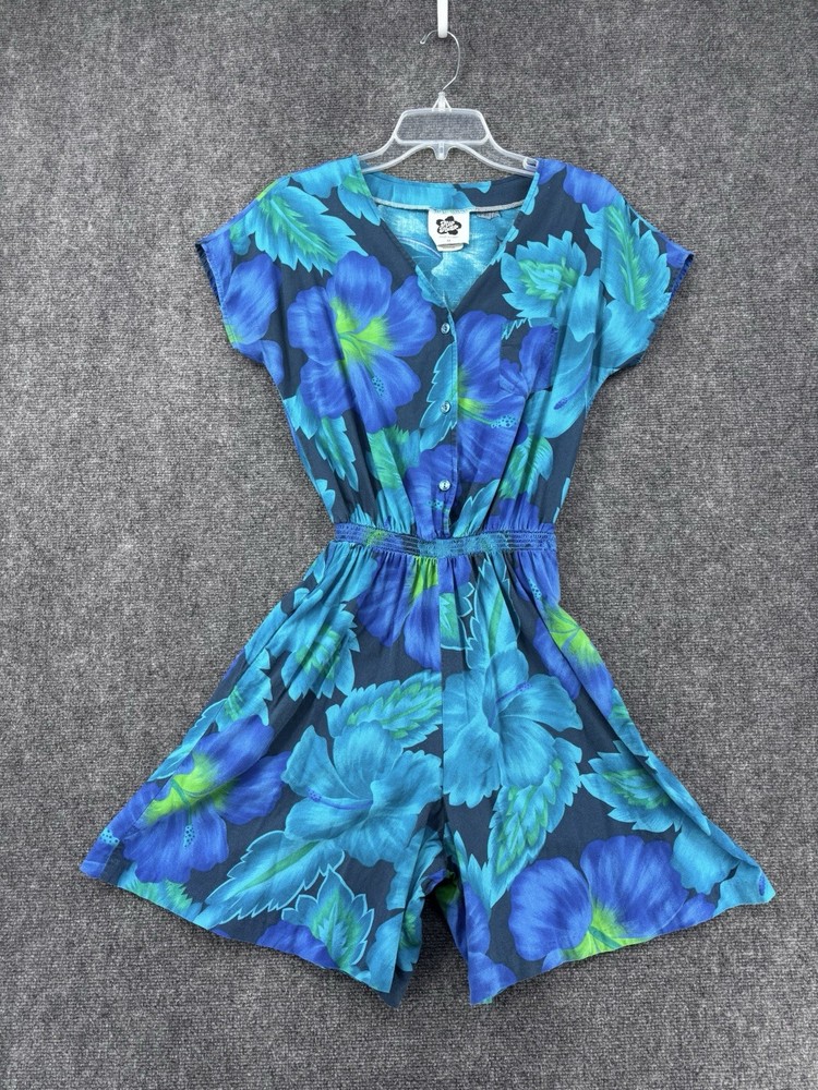 VINTAGE Hilo Hattie Blue Green Floral Romper Women’s Medium Tropical Vacation