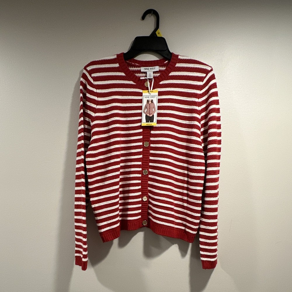 Nine West Jeans Women's Striped Red/White Button-Front Crew Neck Cardigan M