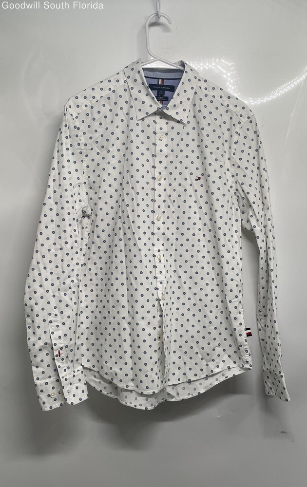 Tommy Hilfiger Mens White Blue Long Sleeve Slim Fit Button-Up Shirt Size M