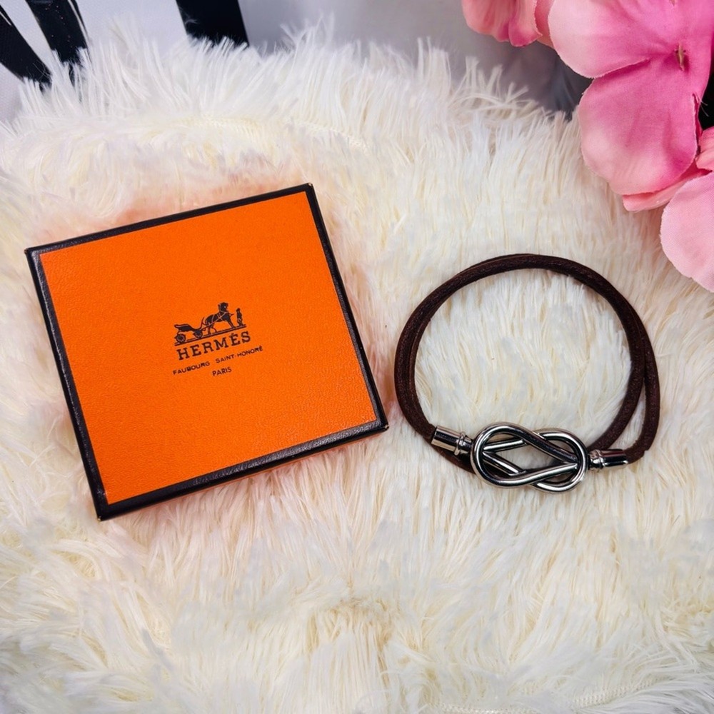 Hermes Atame Double Tour Silver Brown Leather Wrap Bracelet