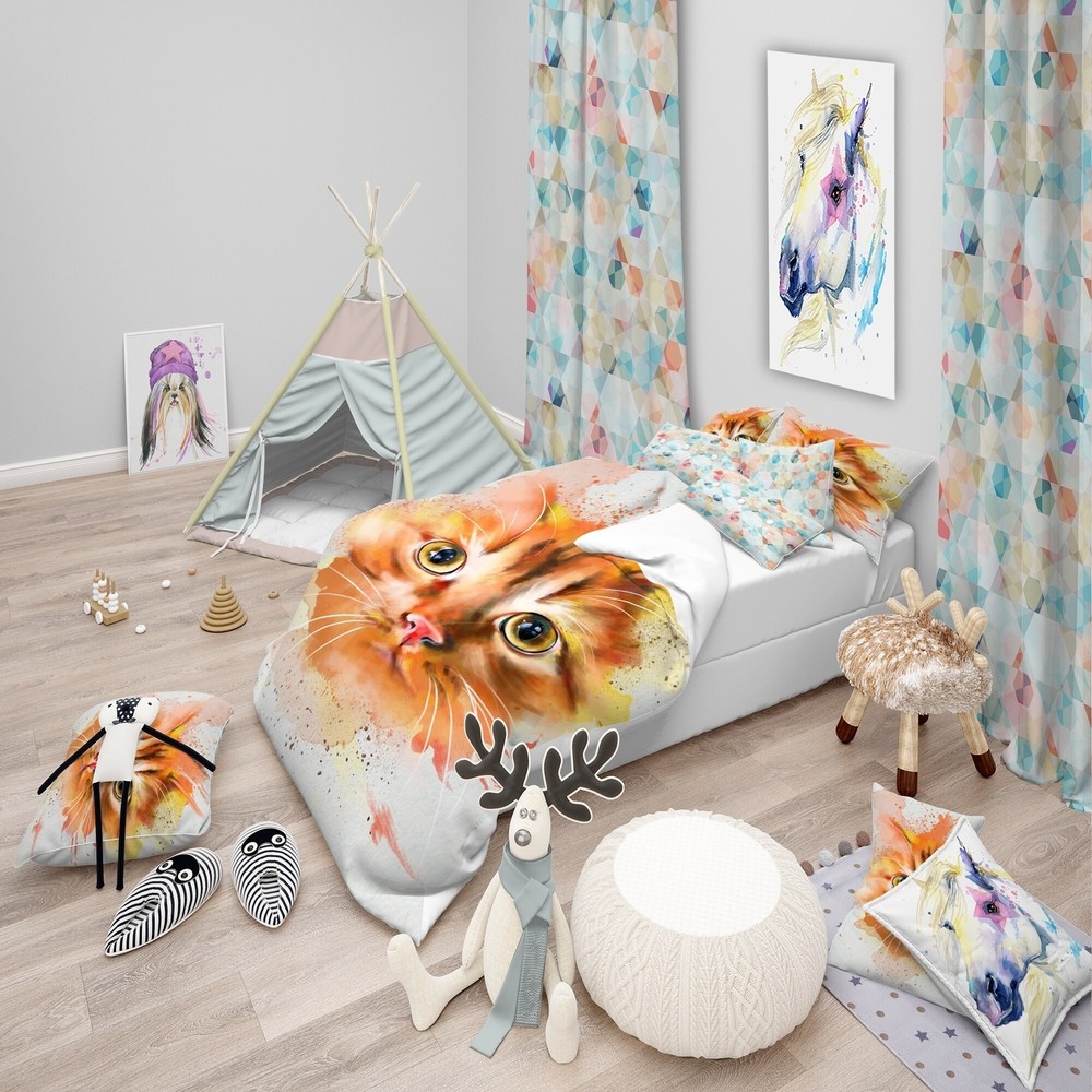 Designart 'Lovely Red Watercolor Cat' Animal Bedding Set -