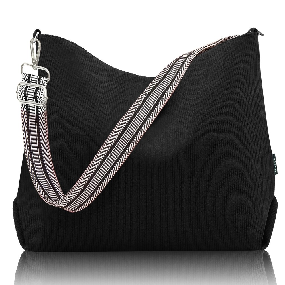 Women’s Corduroy Tote Bag with Zipper, Stylish Shoulder Bag with Adjustment S...
