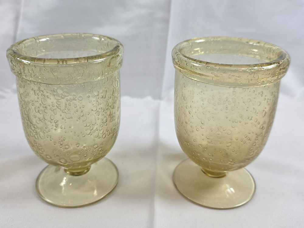 2 Vintage Amber Yellow Hand Blown Bubble Glass Hurricane Candle Holder Retro