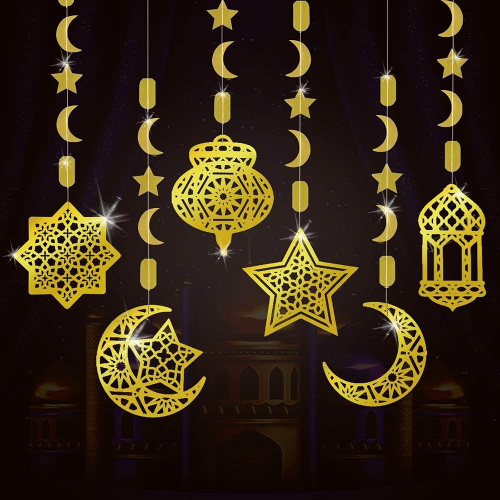 Ramadan Eid Mubarak Hanging Decorations for Home, 6 Pcs Pre-Tied Hanging Golden