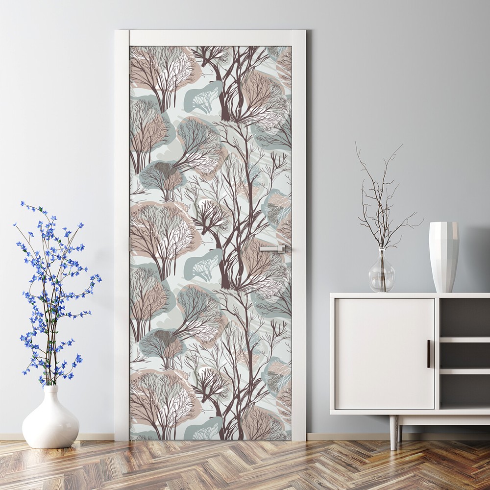 Winter Trees colourful retro forest style woodland Door Decal paper pastel