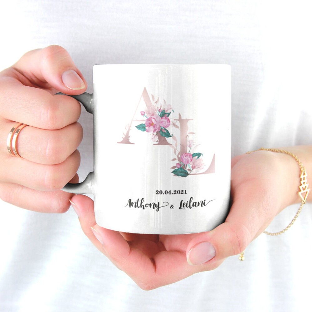 Initial Letter Monogram Floral Alphabet Personalized Wedding Guest Gift Mug &amp