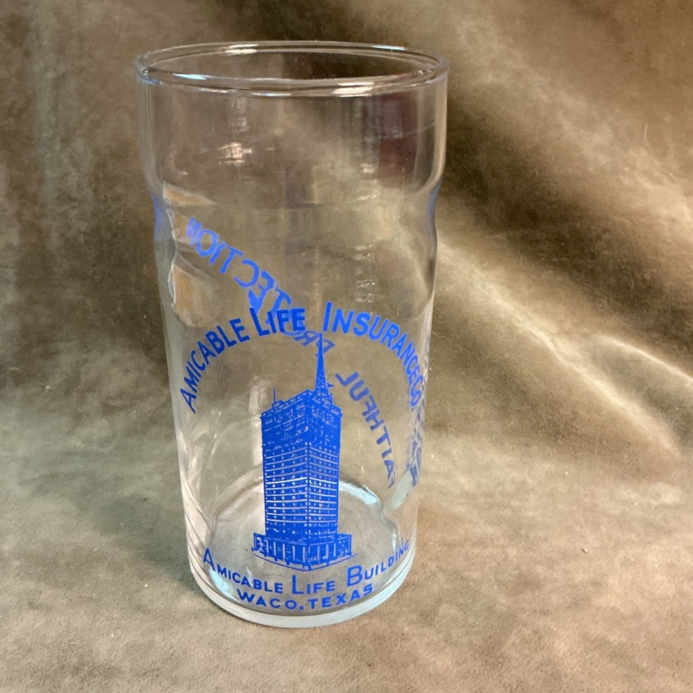 1950S Amicable Life Insurance Waco Texas Federal Glass Tumbler Blue Logo