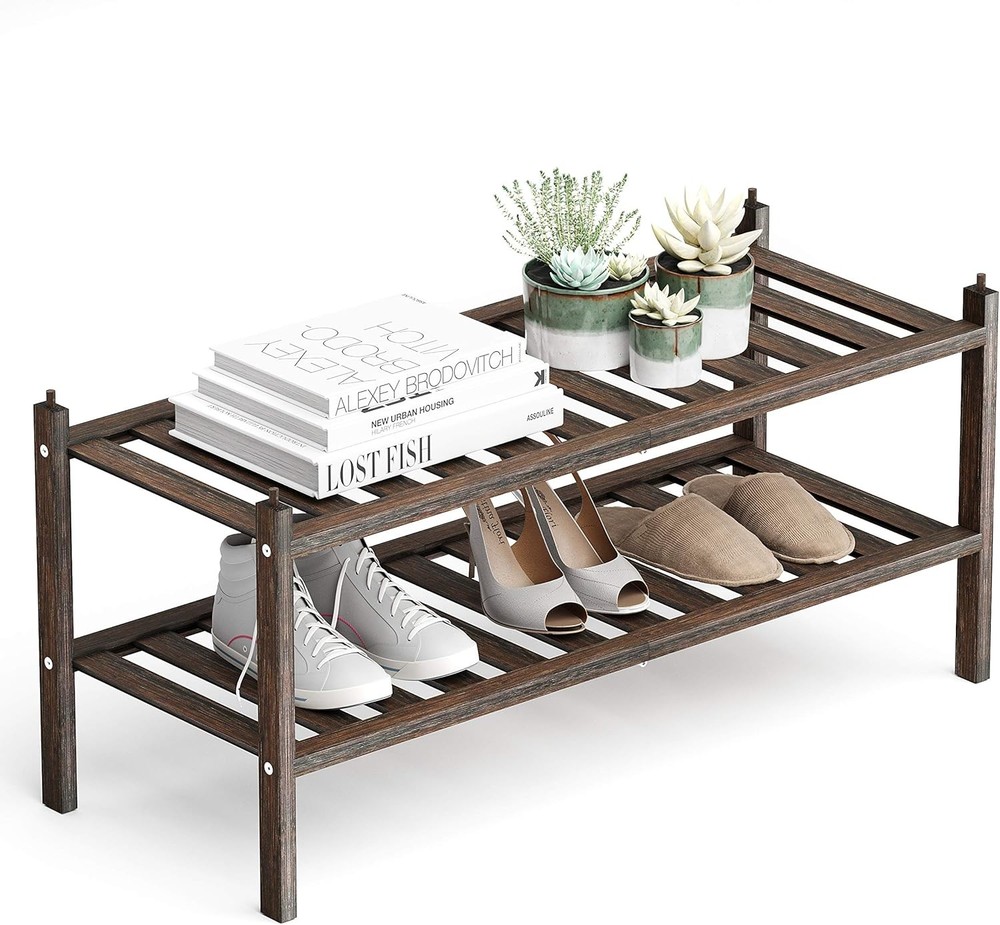 2-Tier Bamboo Shoe Rack Organizer – Stackable Storage Shelf 27.2x11x13.2 Inches