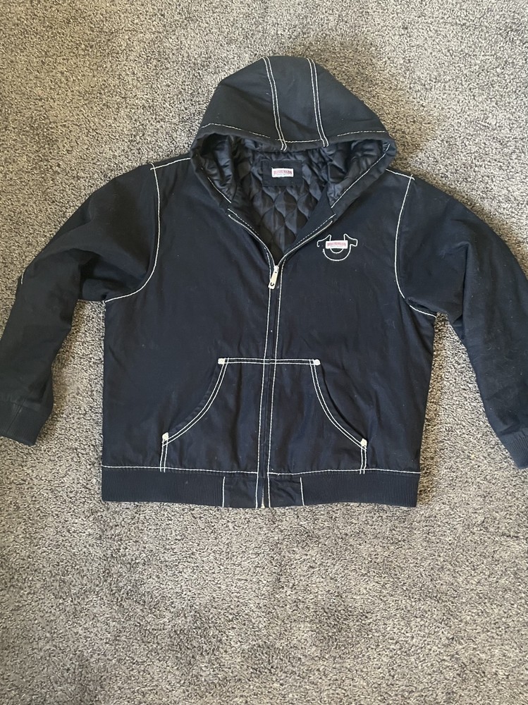 True Religion Men's Black Hooded Quilted Jacket Zipper Logo Contrast Stitching