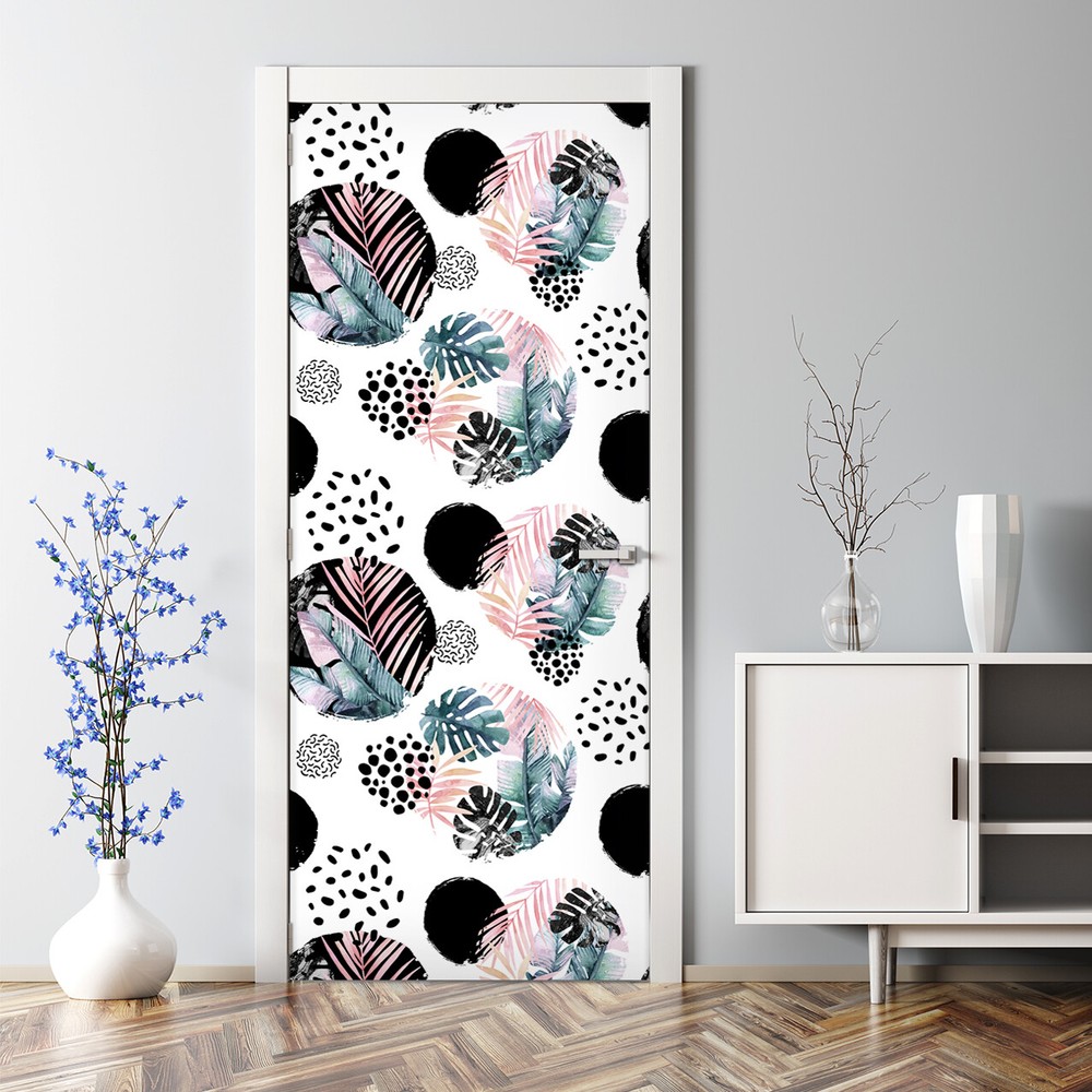 Bubble-Free Tropical Watercolor Leaf Door Sticker Exotic Abstract Circle Design