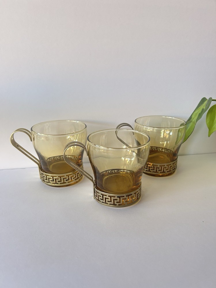 Vintage Libbey Amber Glass Coffee/ Tea Cup Gold Greek Key Design Metal Handle