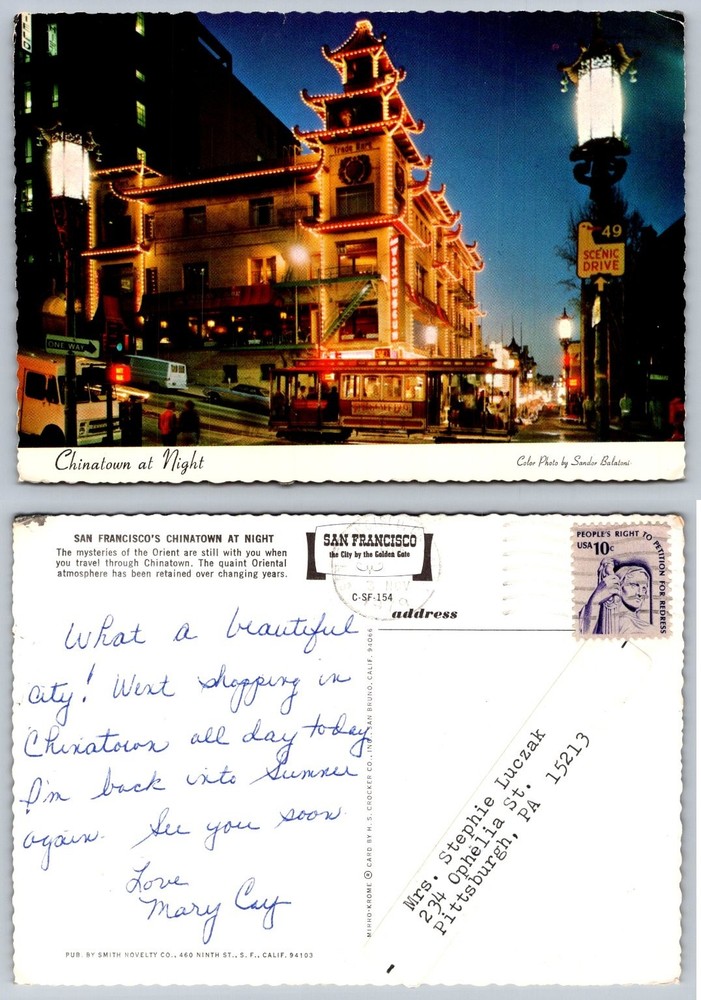 Vintage San Francisco Chinatown Night Cable Car Mirro-Krome Postcard 1970s