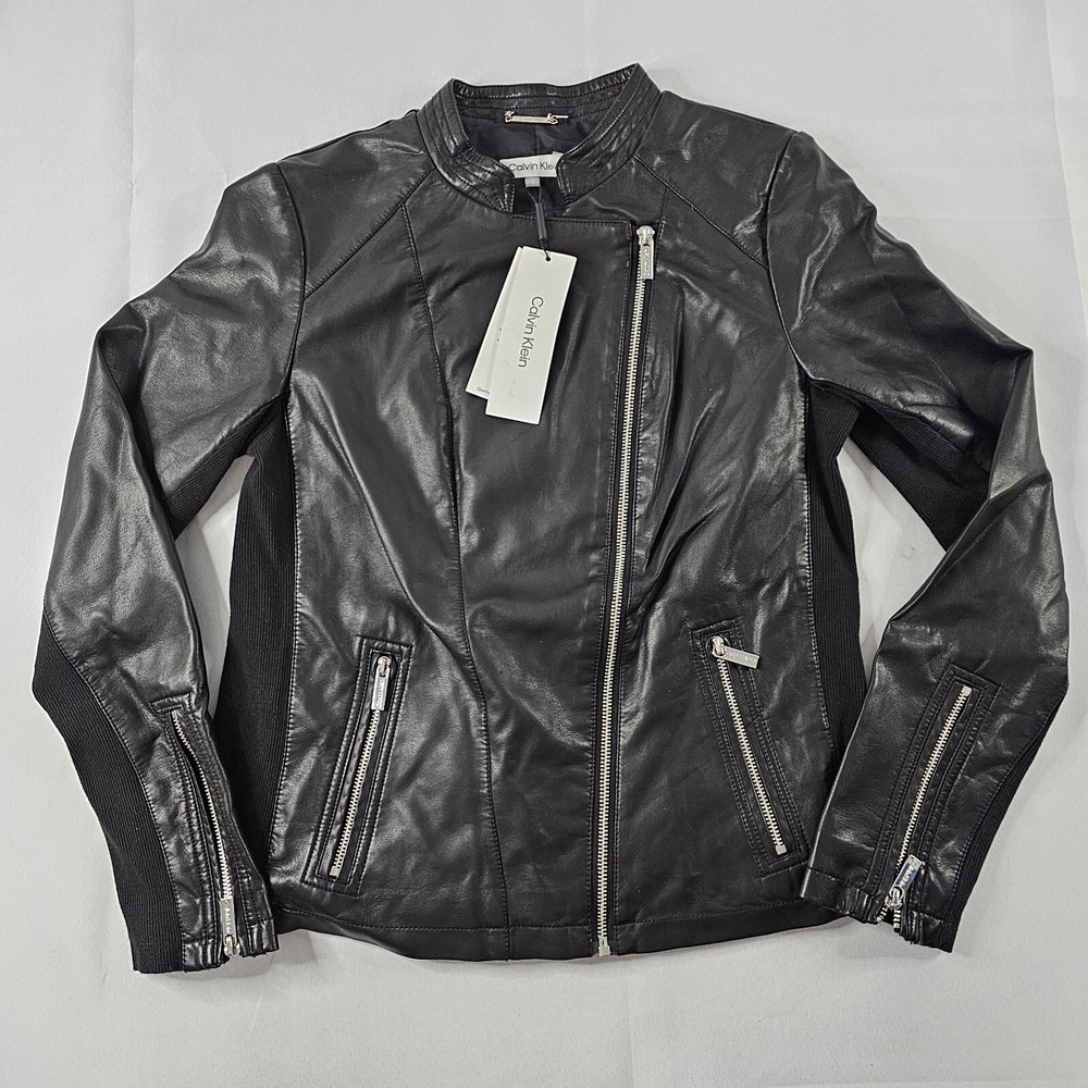 Calvin Klein Moto Jacket Women Small Vegan Leather Black Color With Zippers READ