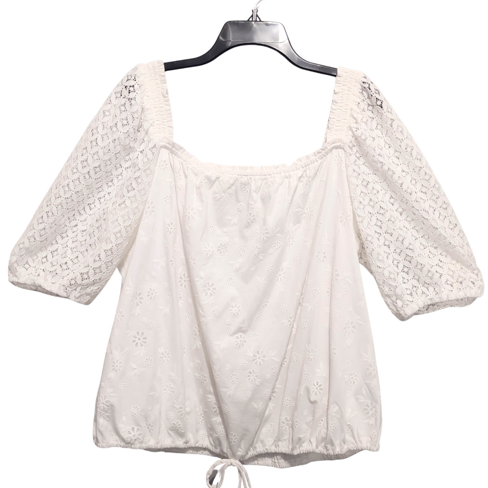 Cato Women's Ivory White Floral Eyelet Crochet Lace Sleeve Top - XL