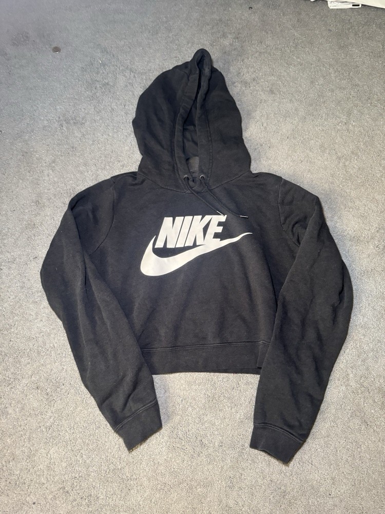 Nike Cropped Hoodie Womens Small Black Big Swoosh Logo Pullover Sweatshirt