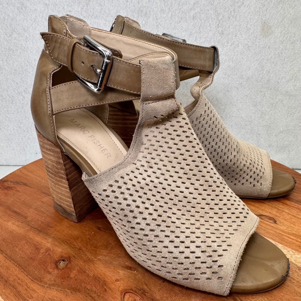 Marc Fisher Beige Leather Block Heel Peep Toe Sandals with Ankle Strap Size 7