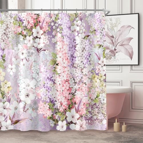 Blush Purple Cute Floral Shower Curtain, Colorful Pink Purple Flower Fabric