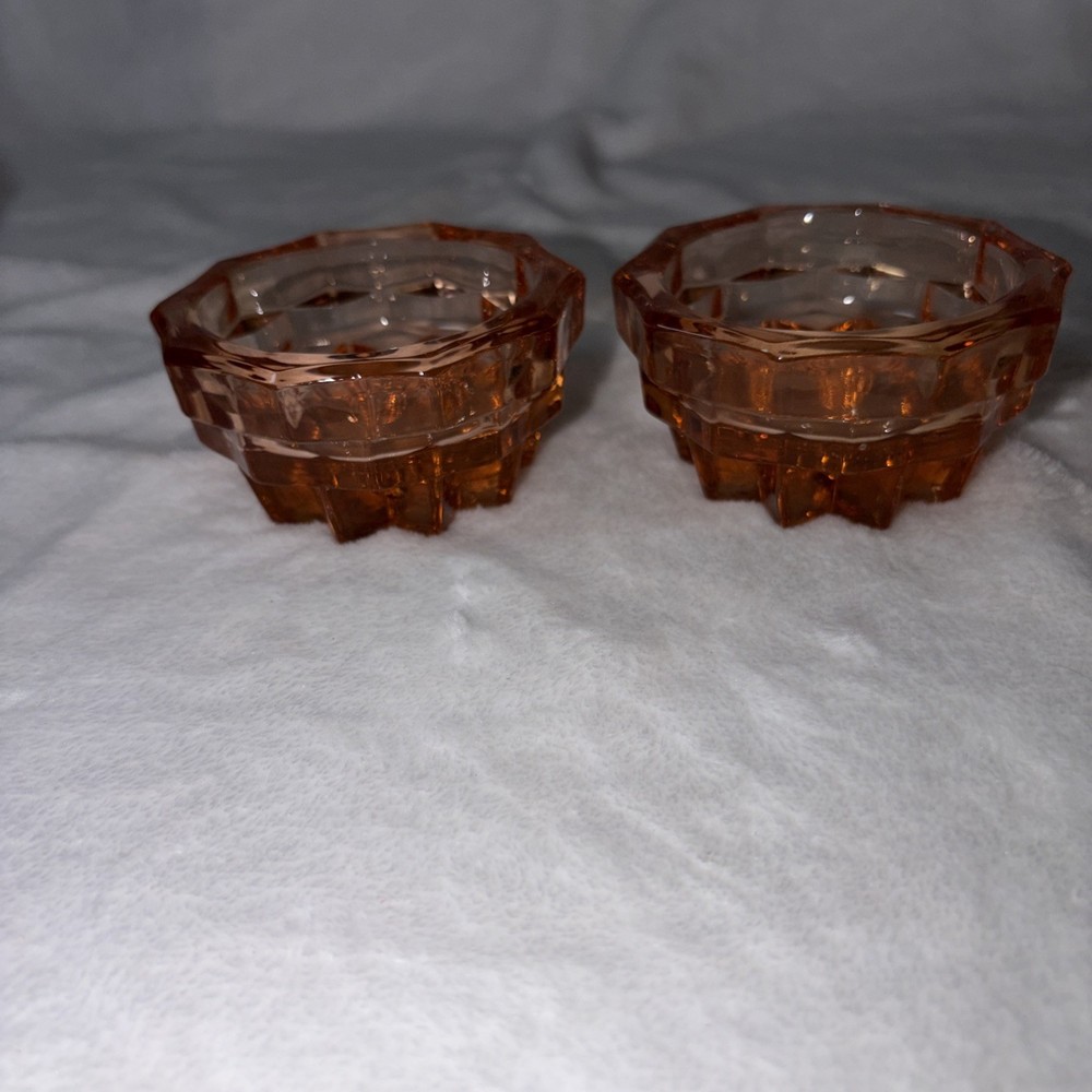 Vintage Pair of Indiana Glass Whitehall American Pink Peach Candle Stick Holders