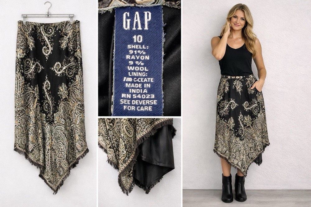 Vintage GAP 1980s Paisley Skirt Sz 10 Handkerchief Hem Fringe Boho Rayon Wool