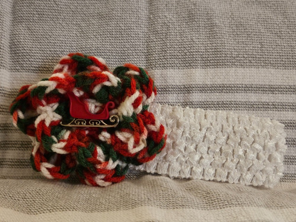 Multicolor Christmas Crochet Flower with Accent Button on Newborn Headband-image