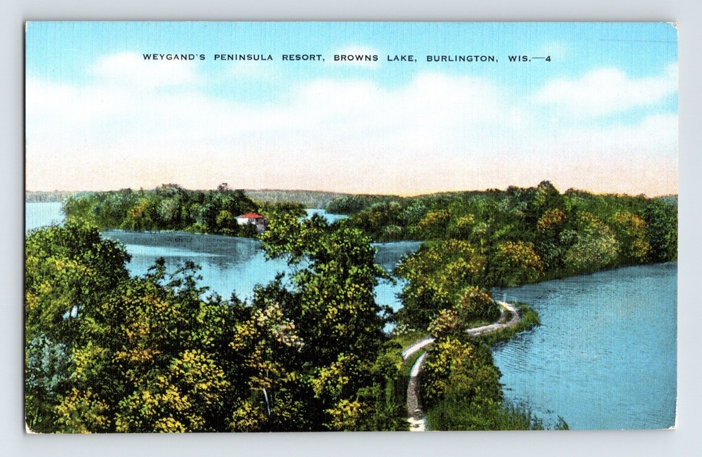 Postcard Wisconsin Burlington WI Browns Lake Weygand Peninsula 1940as Unposted