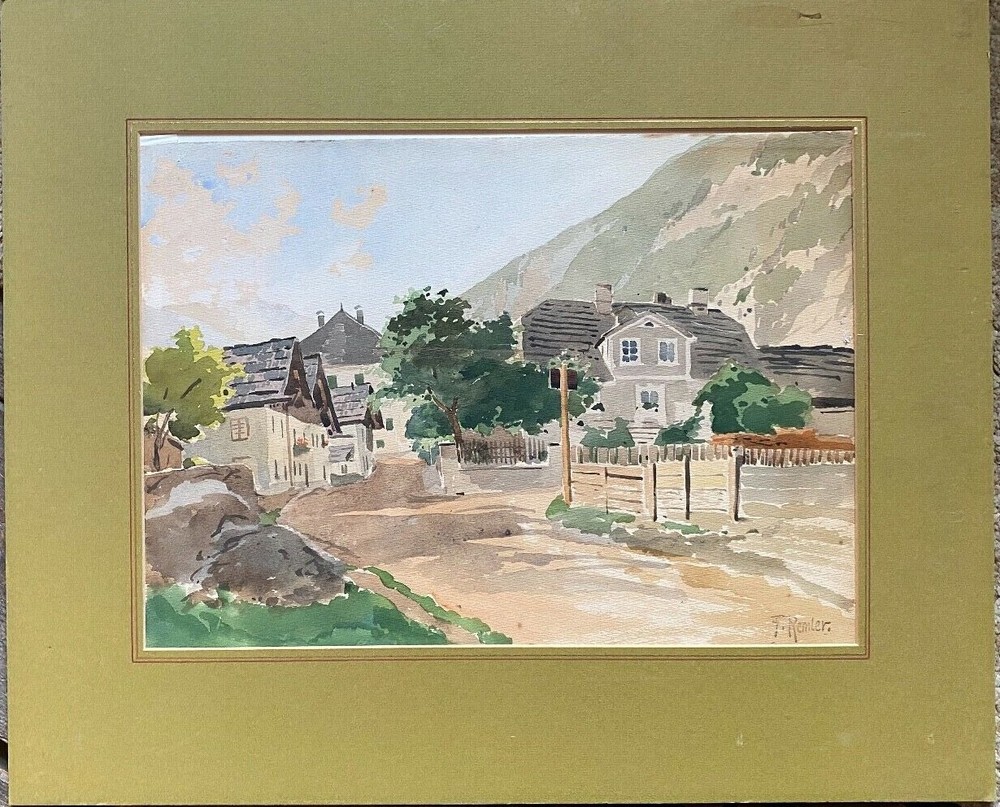 Friedrich Remler (1862-1942) Watercolour Town Anger Mountains Signed Antique Old