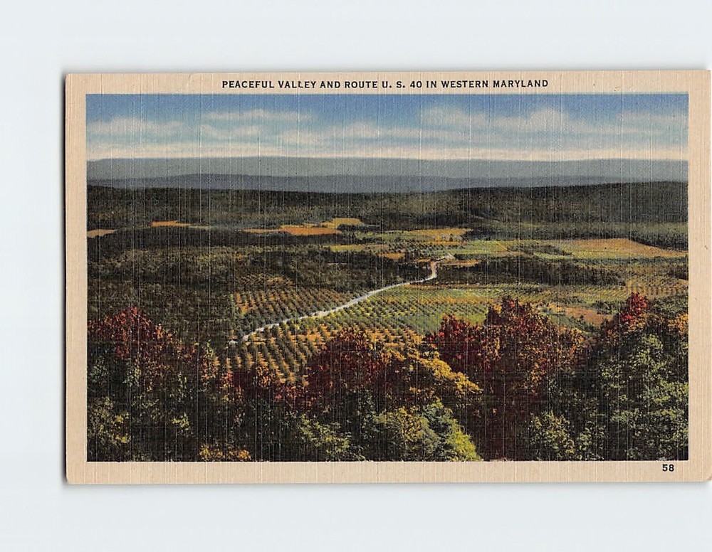 Postcard Peaceful Valley and Route US 40 in Western Maryland USA