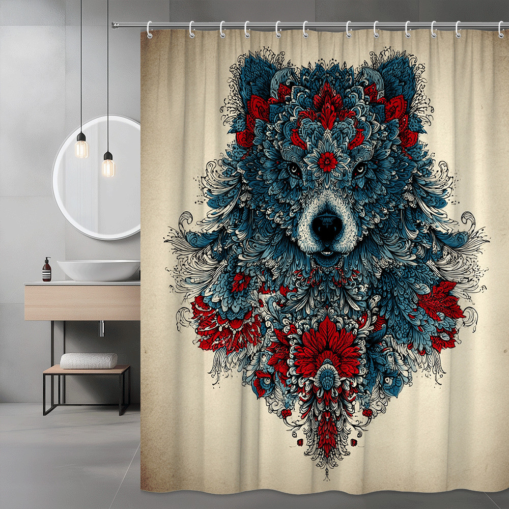 Wolf Floral Shower Curtain Blue Red Graphic Print