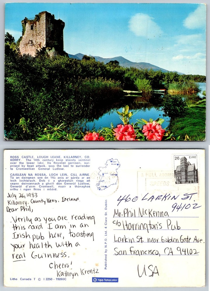Ross Castle Killarney Ireland Postcard 1983 Lough Leane Irish Pub Message