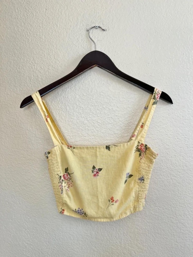 Linen cotton blend yellow floral spring and summer crop top