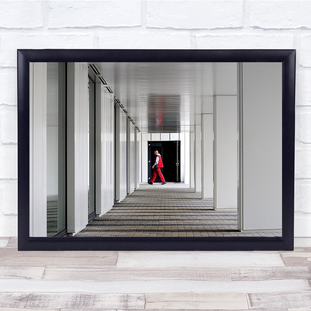 Red Person Pillars Street Passing White Wall Art Print