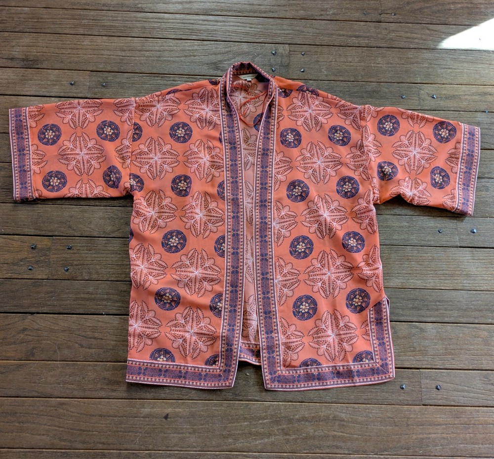 Max Studio Womens Coral Floral Open Front Kimono Blouse Sz S Boho Hippie