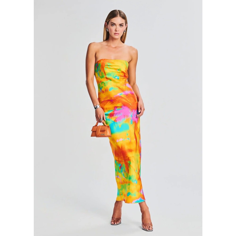 NWT SER.O.YA Women's Cerith Strapless Silk Midi Dress Abstract Palm Size Large-image