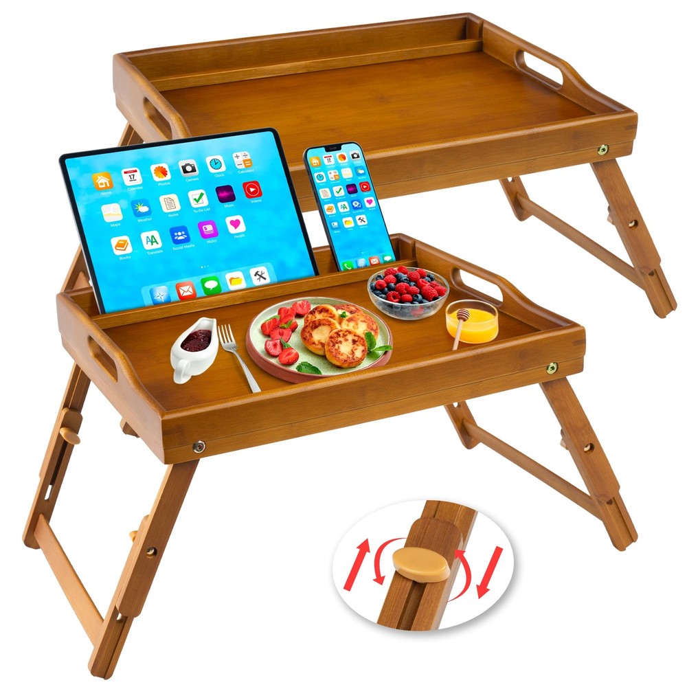 2-Pack Folding Bamboo Bed Tray Table with Handles for Breakfast in Bed