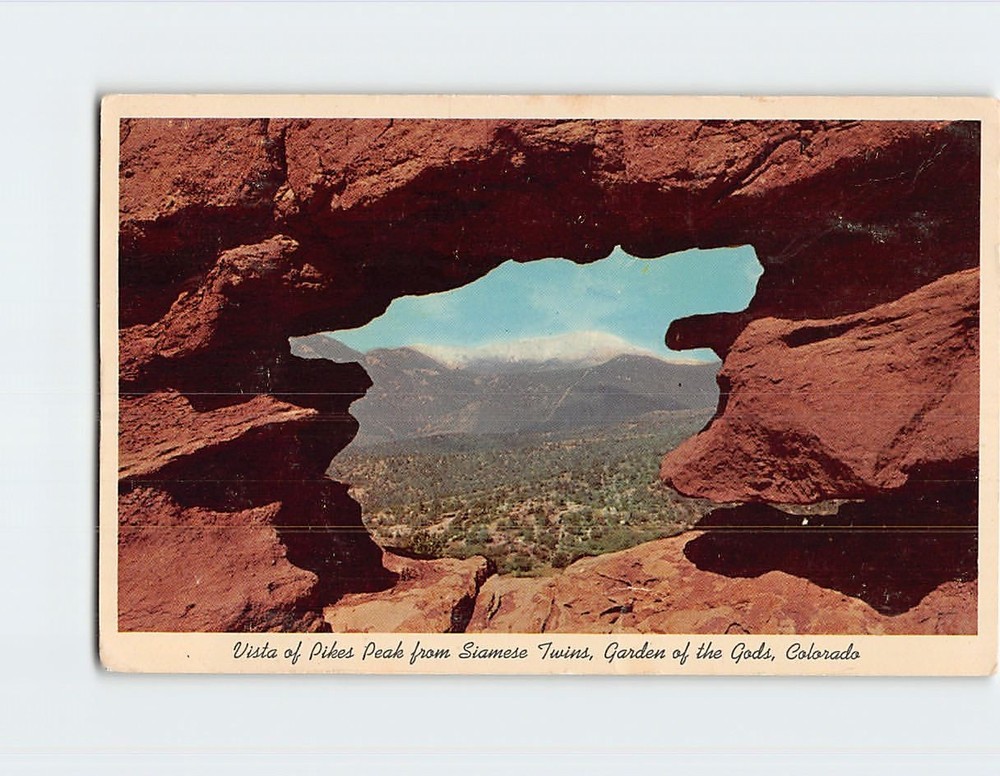 Postcard Vista of Pikes Peak from Siamese Twins Garden of the Gods Colorado USA